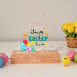 Happy Easter Bunny Led Acrylic Night Light Plaque - Personalised Gift For Baby Or Child Basket