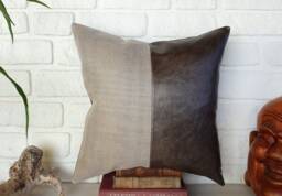 Gray Faux Leather & Cotton Pillow Cover Modern Rustic Design