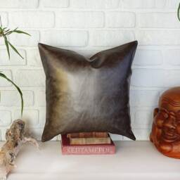 Gray Faux Leather & Cotton Pillow Cover Modern Rustic Design - thumbnail 2
