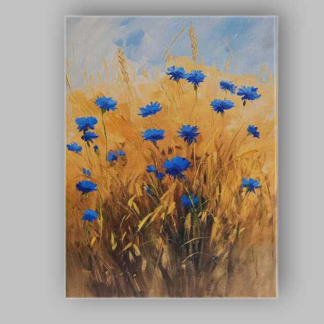 Golden Wheat Field Blue Cornflowers Impressionist Floral Countryside Canvas Wall Art Print Decor Picture Ready To Hang - image 1