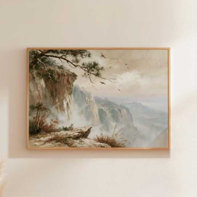 Misty Cliff Poster, Pine Mountain Print, Nature Wall Art, Paper - image 1
