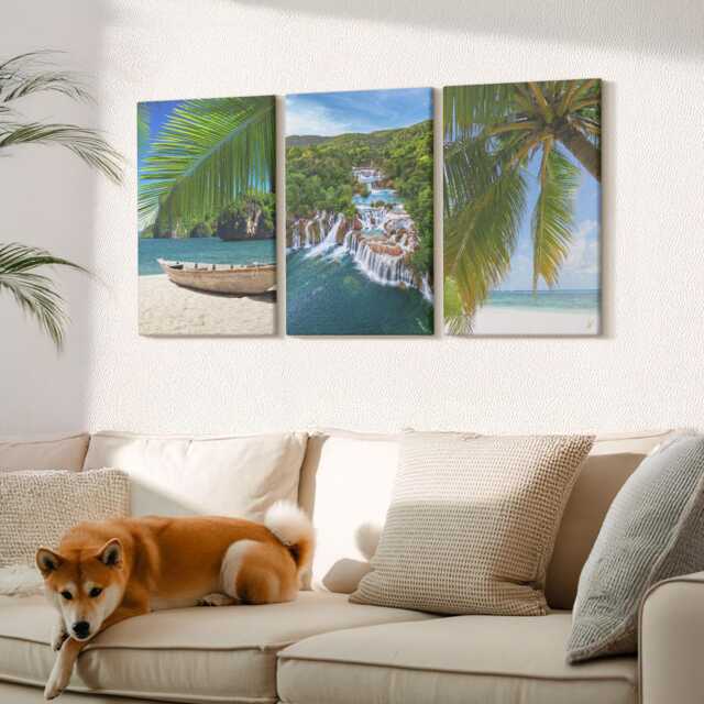 Canvas Set Of 3 Wall Art - Beach With Boat, Waterfalls & Palm Trees in The Tropics, Green Canvas, Landscapes Decor - image 1
