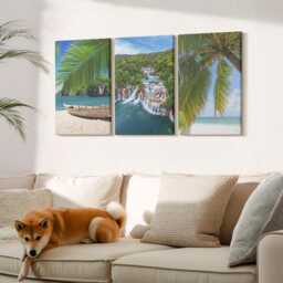 Canvas Set Of 3 Wall Art - Beach With Boat, Waterfalls & Palm Trees in The Tropics, Green Canvas, Landscapes Decor - thumbnail 1