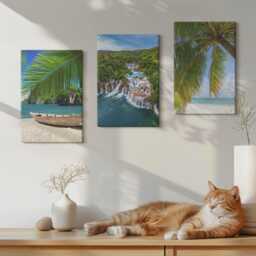 Canvas Set Of 3 Wall Art - Beach With Boat, Waterfalls & Palm Trees in The Tropics, Green Canvas, Landscapes Decor - thumbnail 3