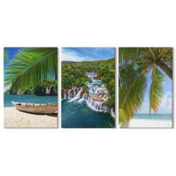 Canvas Set Of 3 Wall Art - Beach With Boat, Waterfalls & Palm Trees in The Tropics, Green Canvas, Landscapes Decor - thumbnail 2