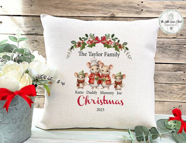 Personalised Family Christmas Cushion Mouse Design, Holiday Decor - image 1