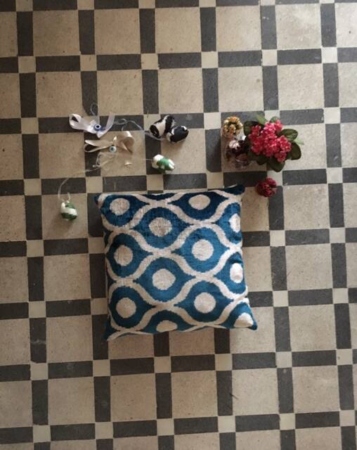 Blue Ikat Velvet Pillow Cover Handwoven Silk, 20x20 Inch - image 1