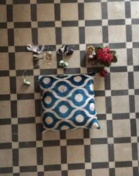 Blue Ikat Velvet Pillow Cover Handwoven Silk, 20x20 Inch