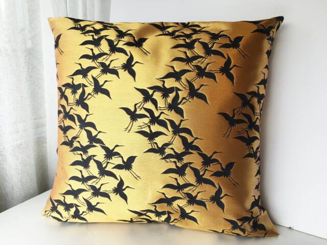 Golden & Black Crane Decor Pillow Cover, Brocade Case, Japanese Tsuru Obi Brocade, Sofa Bedding, Kimono Throw Case - image 1
