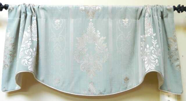 Aqua & Light Gold Damask Pattern -Window Valance/Lined Corded /Rod Pocket Scalloped /High End Designer Fabric - image 1