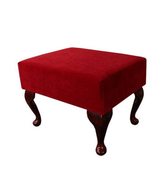 Handmade Red Pimlico Fabric Footstool - Queen Anne Style Legs - image 1