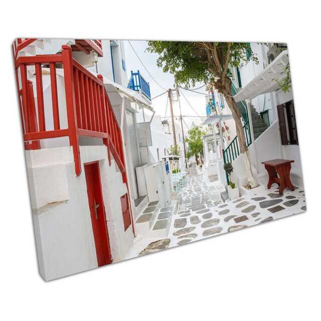 Mykonos Town Canvas Wall Art - Tree Red Banisters Decor For Home Office - image 1