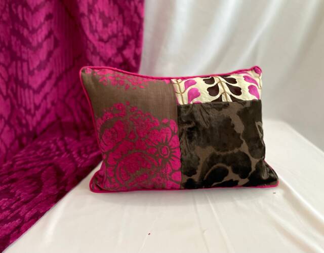"Designers Guild, Decorative Pillow Cover, Chocolate Brown & Pink, Printed Linen, Silk Velvet Fabric, Jane Hall Design, 20""/14" - image 1
