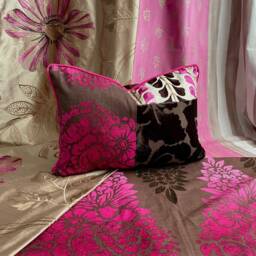 "Designers Guild, Decorative Pillow Cover, Chocolate Brown & Pink, Printed Linen, Silk Velvet Fabric, Jane Hall Design, 20""/14" - thumbnail 2