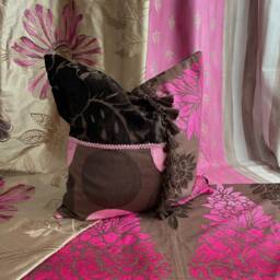 "Designers Guild, Decorative Pillow Cover, Chocolate Brown & Pink, Printed Linen, Silk Velvet Fabric, Jane Hall Design, 20""/14" - thumbnail 3