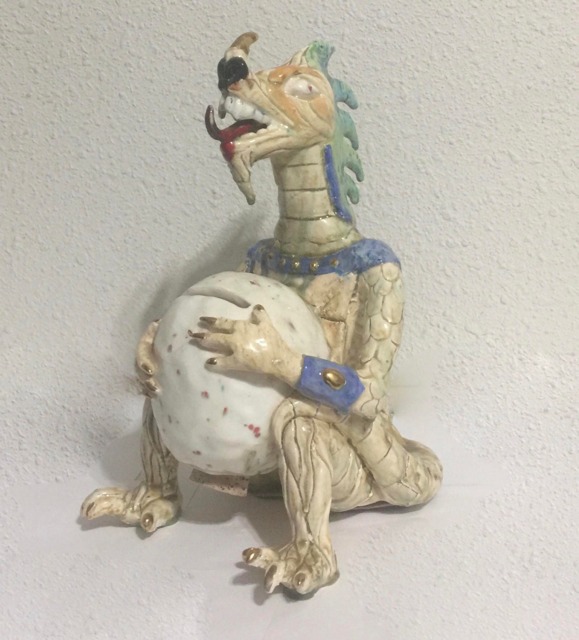 Dino Bank With A Dinosaur Ceramic Sculpture Porcelain Piggy Holding Egg For Nickels, Dimes, Quarters - image 1