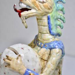 Dino Bank With A Dinosaur Ceramic Sculpture Porcelain Piggy Holding Egg For Nickels, Dimes, Quarters - thumbnail 3