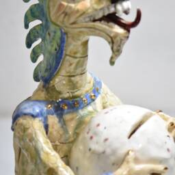 Dino Bank With A Dinosaur Ceramic Sculpture Porcelain Piggy Holding Egg For Nickels, Dimes, Quarters - thumbnail 4