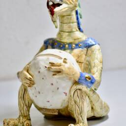 Dino Bank With A Dinosaur Ceramic Sculpture Porcelain Piggy Holding Egg For Nickels, Dimes, Quarters - thumbnail 2