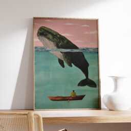 Surreal Whale Wall Art Print, Dreamlike Ocean Poster, & Boat Painting, Tranquil Seascape Artwork For Coastal Home Decor - thumbnail 2
