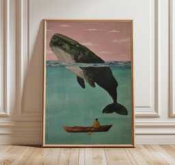 Surreal Whale Wall Art Print, Dreamlike Ocean Poster, & Boat Painting, Tranquil Seascape Artwork For Coastal Home Decor - thumbnail 1