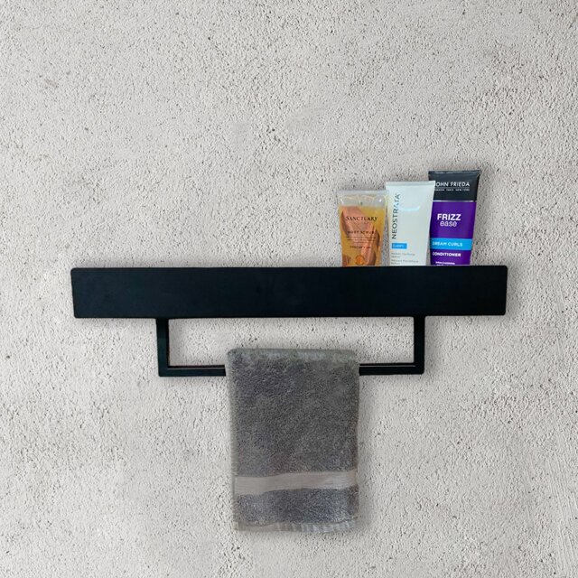 Metal Bathroom Shelf With Towel Rail. Black Or White Powder Coating. Various Widths Available - image 1