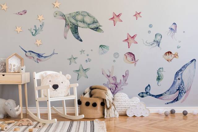Watercolor Sea Creature Wall Decals - Peel & Stick Nursery Stickers For Kids Room - image 1