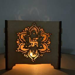 Wooden Lantern Box Candle Saathyo Aum Om Khanda Ek Onkar Hindu Sikh Stationary Diwali - thumbnail 3