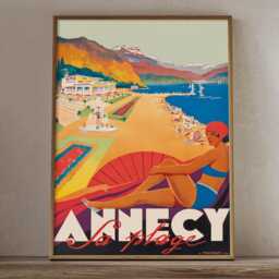 Vintage Annecy Travel Poster Print, La Plage French Alps Lake Resort Wall Art - thumbnail 2