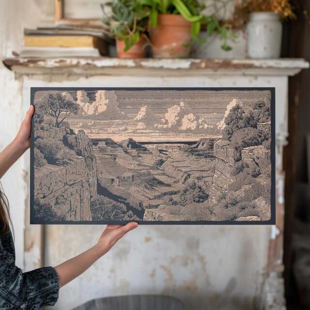 Grand Canyon Panorama Wall Art - Arizona Landmark, Engraved Wooden Lithograph Illustration, Large Art, South Western Nature Home Decor - image 1