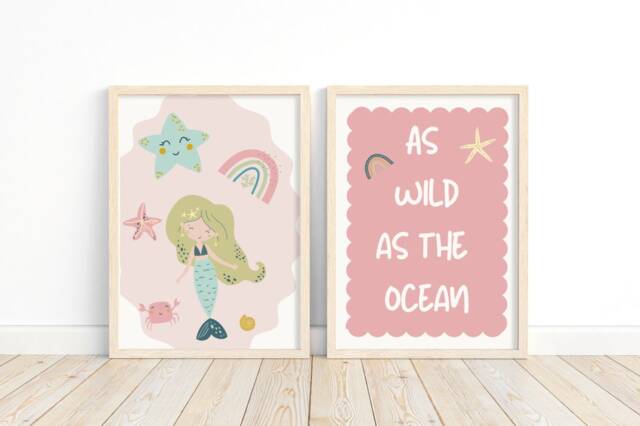 Mermaid Nursery Print Set, Pastel Rainbow, Kids Room Decor - image 1