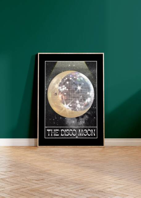 Disco Moon Print - Tarot Card Style The Xviii, Celestial Print, Aesthetic Funky Retro 70S 80S Mystical - image 1