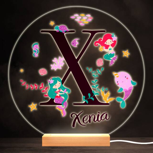 Sealife With Mermaids Alphabet Letter X Round Personalised Gift Lamp Night Light - Bedroom - image 1