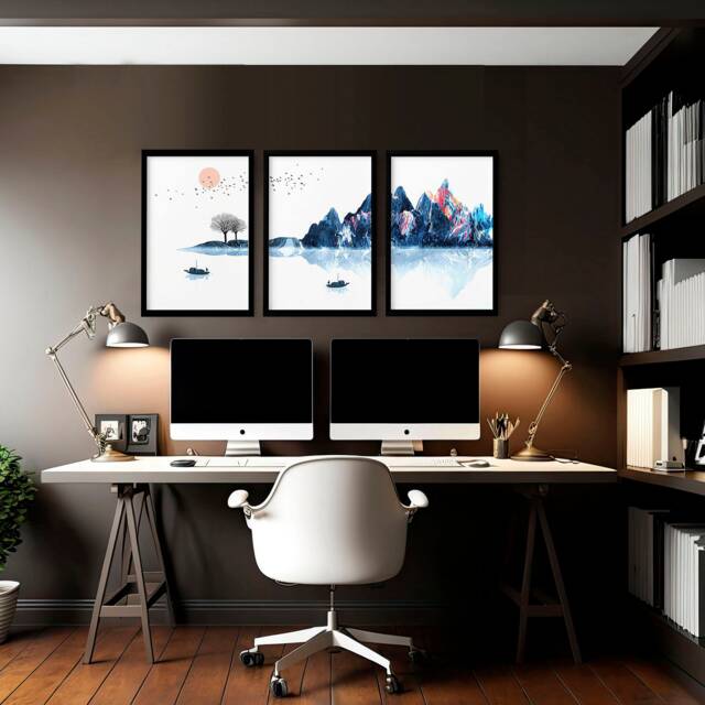 Calming Japanese Office Desk Decor For Men Set Of 3 Framed Panel Wall Art, Teal Large Japandi Designer Landscape Gallery Art - image 1
