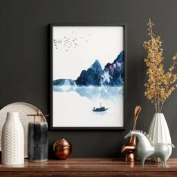 Calming Japanese Office Desk Decor For Men Set Of 3 Framed Panel Wall Art, Teal Large Japandi Designer Landscape Gallery Art - thumbnail 3