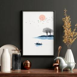 Calming Japanese Office Desk Decor For Men Set Of 3 Framed Panel Wall Art, Teal Large Japandi Designer Landscape Gallery Art - thumbnail 2
