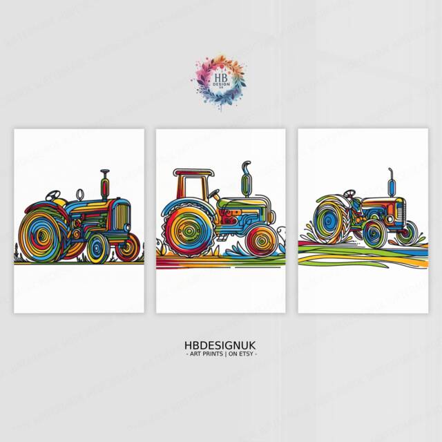 Colourful Tractor Prints - Set Of 3 Posters - Boys Bedroom Artwork Farm Wall Art Tractors Poster Farmyard Nursery Decor Gift Farmer - image 1