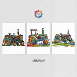 Colourful Tractor Prints - Set Of 3 Posters - Boys Bedroom Artwork Farm Wall Art Tractors Poster Farmyard Nursery Decor Gift Farmer - thumbnail 1