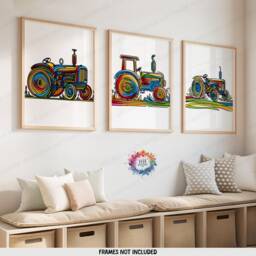 Colourful Tractor Prints - Set Of 3 Posters - Boys Bedroom Artwork Farm Wall Art Tractors Poster Farmyard Nursery Decor Gift Farmer - thumbnail 2