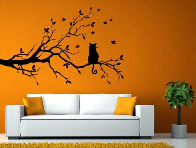 Cat On Tree Branch Birds Pattern Kitten Sitting Wall Window Vehicle Sticker Decal Vinyl Fathead Mural Decor L2050 - image 1