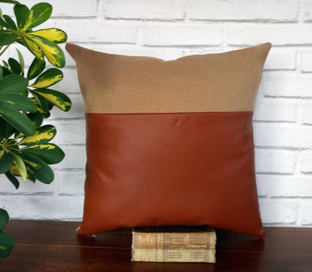 Cognac Faux Leather & Camel Wool Pillow Cover Modern Home Decor - image 1