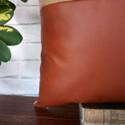Cognac Faux Leather & Camel Wool Pillow Cover Modern Home Decor - thumbnail 3