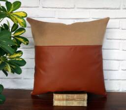 Cognac Faux Leather & Camel Wool Pillow Cover Modern Home Decor - thumbnail 1