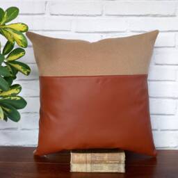 Cognac Faux Leather & Camel Wool Pillow Cover Modern Home Decor - thumbnail 4