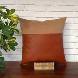 Cognac Faux Leather & Camel Wool Pillow Cover Modern Home Decor - thumbnail 2