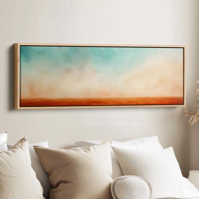 Desert Sky Wall Art Long Horizontal Landscape Canvas in Soft Orange & Turquoise Tones For Bedroom Living Room Or Modern Hallway Decor - image 1