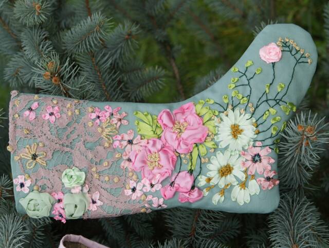 Handmade Turquoise Christmas Stocking, Ribbon Embroidery, Shabby Chic Decor - image 1