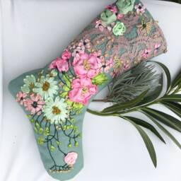 Handmade Turquoise Christmas Stocking, Ribbon Embroidery, Shabby Chic Decor - thumbnail 2