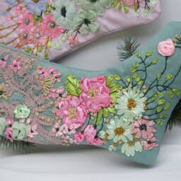 Handmade Turquoise Christmas Stocking, Ribbon Embroidery, Shabby Chic Decor - thumbnail 3