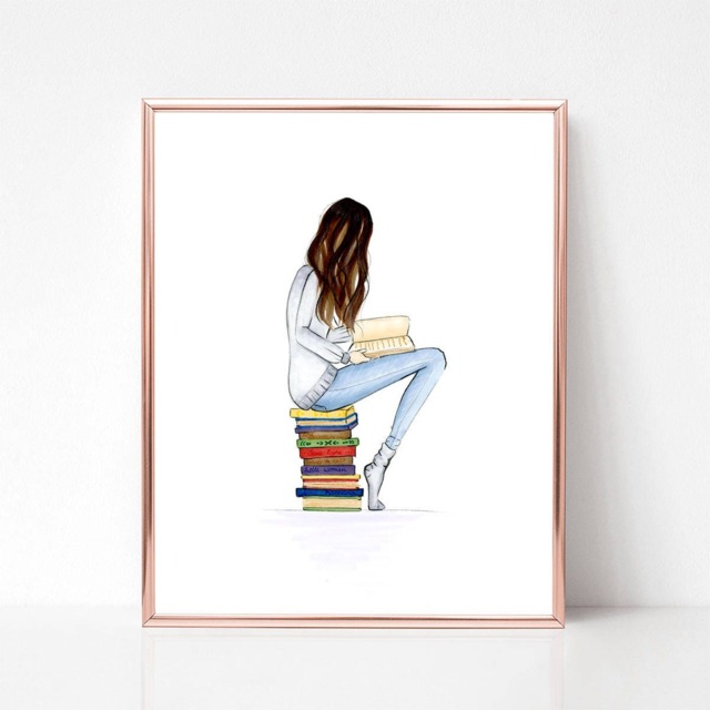 Fashion Illustration Book Art Print Hair Options Available Just A Girl & Her Books Long Hair, Sitting On Worm, Bookworm - image 1